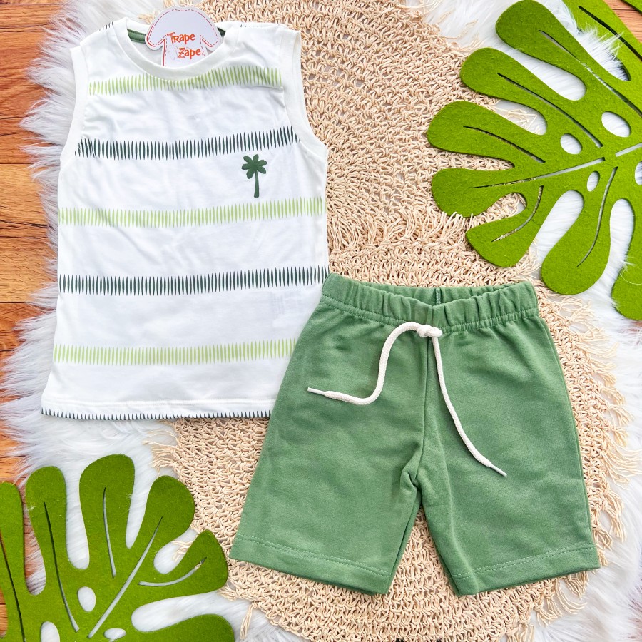 Conj. Regata Coqueiro e Bermuda em Moletinho - Verde e Off White